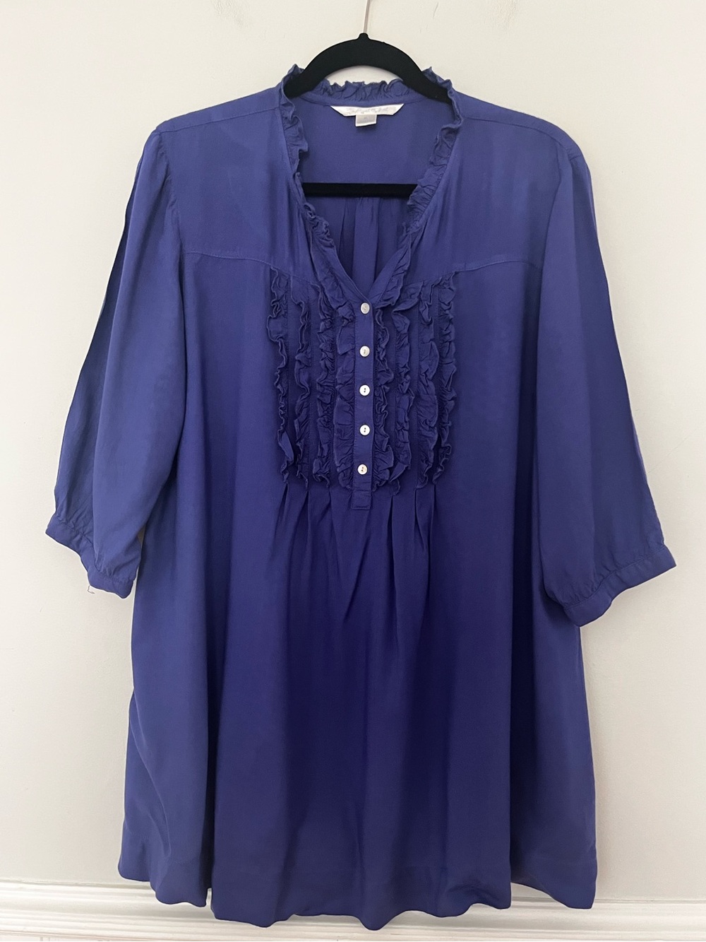 April Cornell Blue Ruffled Button Front Tunic, Size XL